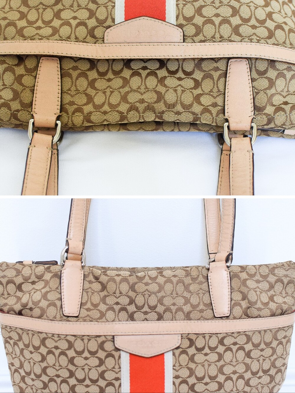 Coach Signature Stripe Monogram Tote Shoulder Bag Khaki Orange F27008 Y2K Preppy - Picture 8 of 16